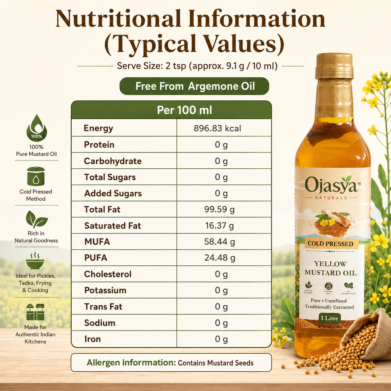 Ojasya Cold Pressed Yellow Mustard Oil 500ml