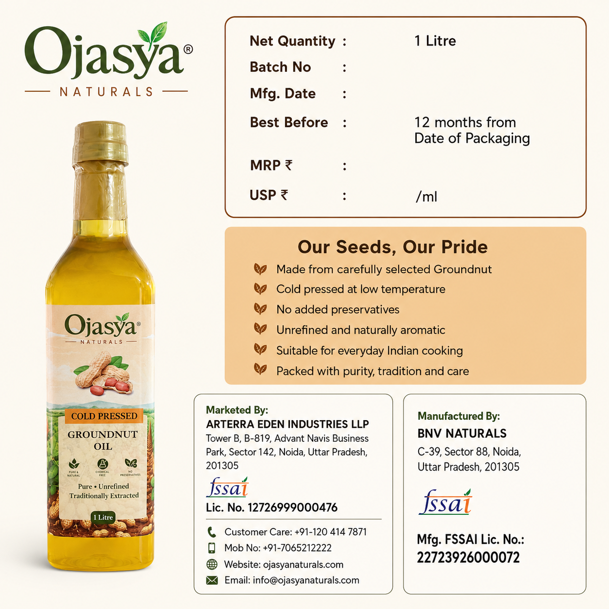 Ojasya Cold Pressed Groundnut Oil 500ml