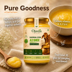 A jar of Ojasya Naturals Sahiwal Cow A2 Ghee is displayed on a rustic beige cloth with a wooden spoon of yellow ghee, a bowl of ghee, and decorative text overlays highlighting its benefits.