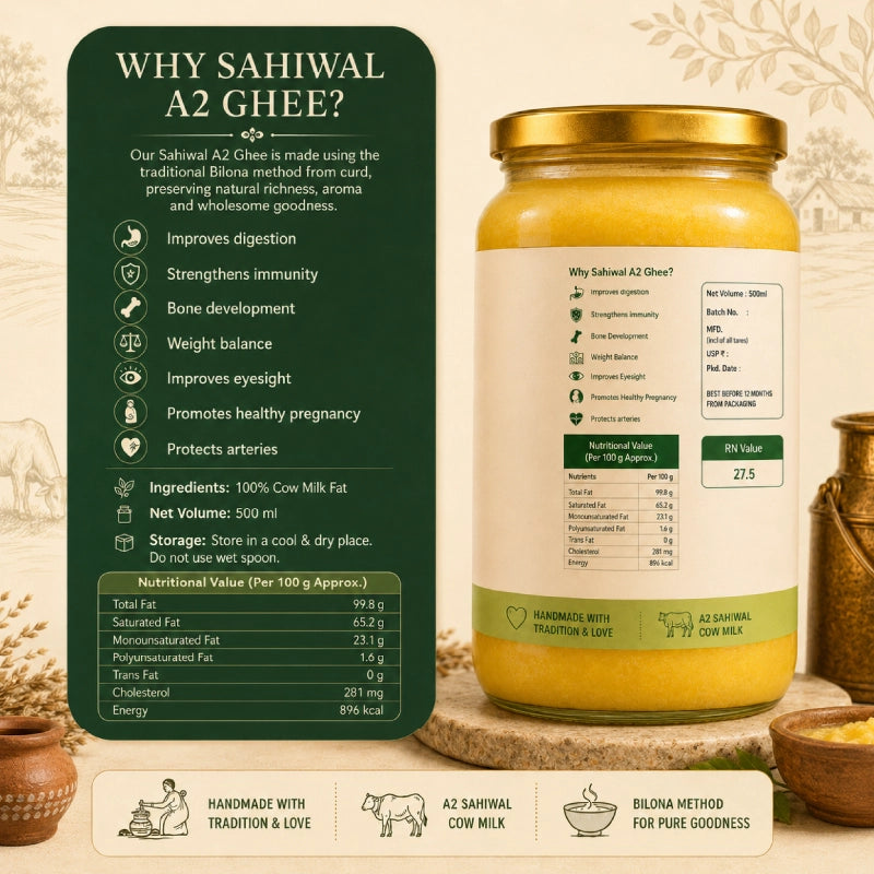 Pure A2 Sahiwal Cow Ghee 1000ml | Traditional Bilona Method | Lab Tested & Certified | Ojasya Naturals